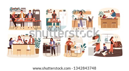 Collection of people cooking in kitchen, serving table, dining together, eating food. Set of smiling men, women and children preparing homemade meals for dinner. Flat cartoon vector illustration.