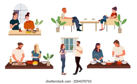 Collection of people cooking in kitchen, washing utensils, preparing lunch together, talking with cup of coffee. Flat cartoon vector illustration.