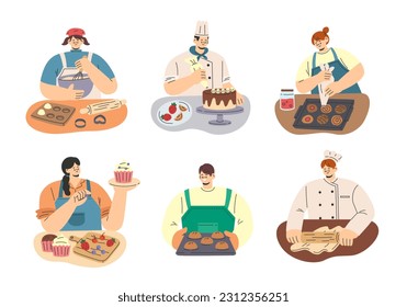 Collection of people cooking sweet dessert. Woman and man cooking bakery at home. Pastry chef making and decorating sweet cake. Flat cartoon style vector illustration isolated on white background.