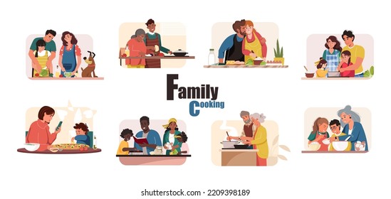 Collection of people cooking together collage set. Parents, grandparents and kids, preparing food, spend time. Smiling men, women, children preparing homemade meals. Flat cartoon vector illustration