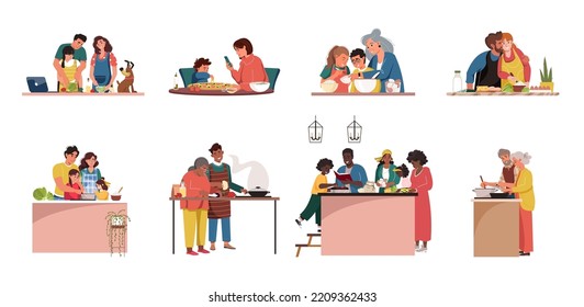 Collection of people cooking together. Parents, grandparents and kids preparing food, bake cake. Set of smiling men, women and children preparing homemade meals. Flat cartoon vector illustration.