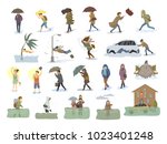 collection of people coping with bad severe meteorological weather conditions disasters cataclysm like extreme heat and cold, hurricane, strong wind snow hail rain storm, tsunami, flood graphic