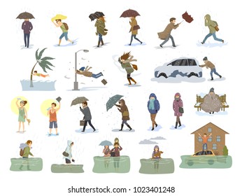 Collection Of People Coping With Bad Severe Meteorological Weather Conditions Disasters Cataclysm Like Extreme Heat And Cold, Hurricane, Strong Wind Snow Hail Rain Storm, Tsunami, Flood Graphic