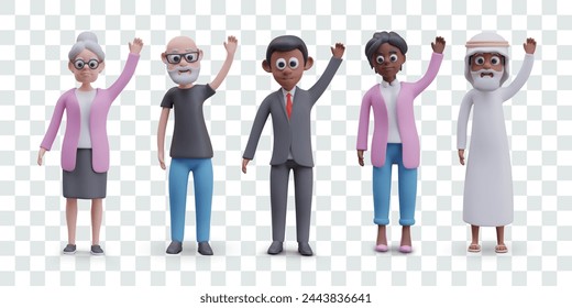 Collection of people of different ages, creeds, genders, races with their hands raised