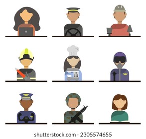 Collection of people of different professions isolated on a white background. Background with male and female workers. Vector graphics.