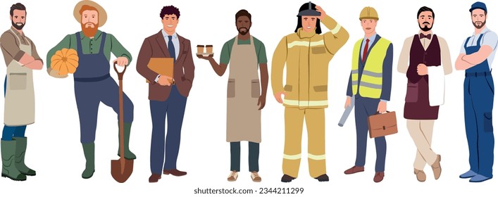 Collection of people of different professions isolated on white background. Background with male workers. Uniform specialists. Vector illustration in flat cartoon style