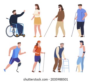Collection of people with disabilities vector flat illustration. Set of man and woman suffering various physical injury and aging disease isolated. Handicapped person on wheelchair, crutch and cast svg