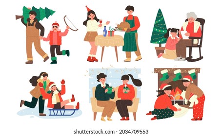 Collection of people doing different activities before or on Christmas.
