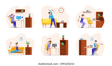 Collection of people doing stretching exercises at office syndrome. Set of tired employees performing yoga training. Workout body for flexibility, prevention of sedentary lifestyle vector illustration