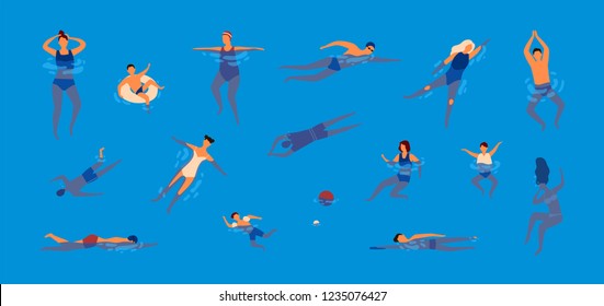 Collection of people dressed in swimwear in swimming pool. Bundle of men and women in swimsuits performing water activities. Set of swimmers. Colorful vector illustration in flat cartoon style.