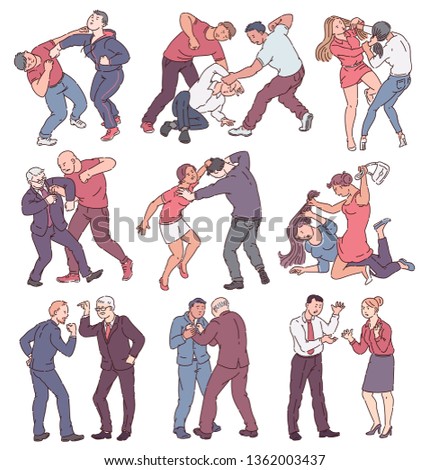 Collection of people during fight action, set of angry men and women in physical conflict, punching, hitting, threatening each other. Violence themed isolated vector illustration on white background.