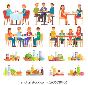 Collection Of People Eating Meals And Dishes. Couple Drinking Wine On Date, Family Having Lunch. Friends On Breakfast Enjoying Burgers And French Fries. Set Of Plates, Fruits And Vegetables.