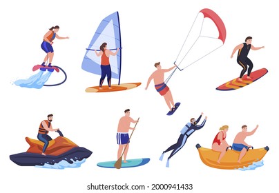 Collection of people enjoying beach sport vector. Set of man and woman performing extreme outdoor summer activity isolated. Swimming leisure, surfing, diving, riding water scooter, windsurfing