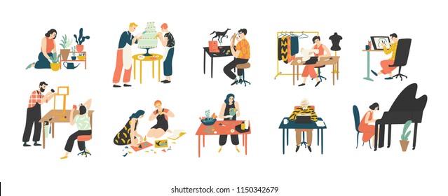 Collection of people enjoying their hobbies - home gardening, culinary, sewing, drawing, paper collage making, floristics, writing, piano playing. Colorful vector illustration in flat cartoon style.