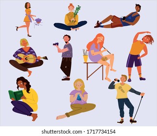 Collection of people enjoying their hobbies - cooking, playstation, drawing, sewing, floristry, sports, playing the guitar, photographing and reading books