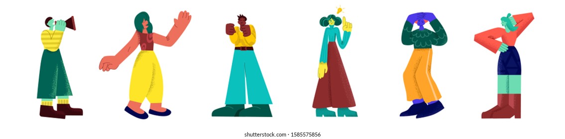 Collection of people expressing different positive and negative emotions - happiness or joy, fear, anger, confusion, sadness. Set of feelings or reactions. Flat cartoon colorful vector illustration.