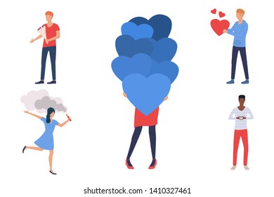 Collection of people expressing feelings. Flat cartoon characters preparing surprises for significant other. Can be used for brochure, romantic video, advertisement