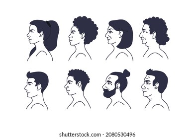 A collection of people faces in profile, different races and nations, young and elderly, men and women from side. Line vector illustration with fill.Vector flat illustration.