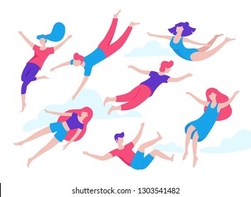 Collection of people flying, dreaming, concept illustration in flat design. Various people, men and women in creative poses isolated on white background. Colorful vector illustration in cartoon style.