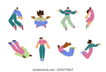 Collection of people flying in happiness or jumping for joy, flat cartoon vector illustration isolated on white background. Various people overcome gravity.