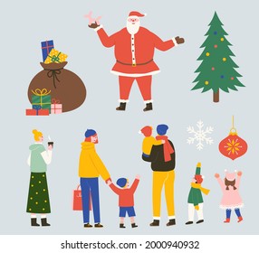 Collection Of People, Gifts, Santa Claus, Christmas Tree, Kids, Snowflake And Bauble. Flat Illustration Suitable For Christmas Icons.