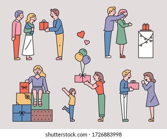 A collection of people giving gifts on special days. flat design style minimal vector illustration.