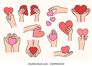 Collection people hands and hearts various forms   sizes  Set person send share love and paper sign  Nonverbal communication  Valentine day   romance  Vector illustration  