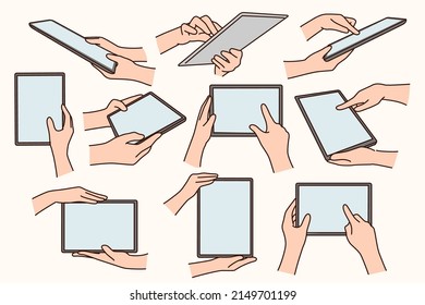 Collection of people hands hold modern tablet gadget browse internet. Set of person use pad device working online. Mockup screen, copy space. New technology. Vector illustration. 