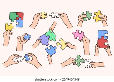 Collection of people hands holding connection jigsaw puzzles engaged in hobby activity. Set of person join puzzle find best solution or answer. Problem solving. Game and hobby. Vector illustration.