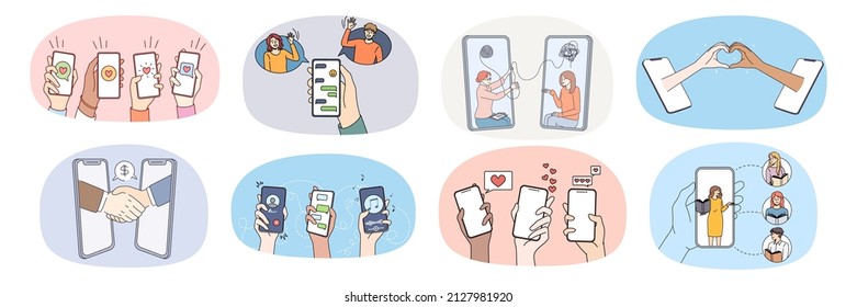 Collection of people hands use new technologies communicate on internet on smartphone gadget. Set of humans hold cellphones enjoy online communication on device. Virtual life. Vector illustration. 