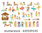 Collection of people have fun on summer time beach vacation. Man, woman, family  couple kids relax sunbath, tan, make selfie, work on pc, drink cocktail bar, lying on sun chair, towel, hammock sand