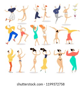 Collection of people having fun. Set of body parts, facial expressions, clothing, accessories, male and female cartoon characters, front views, vector illustration