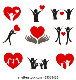 Collection of people with hearts - couple, family and health concepts. Vector illustration