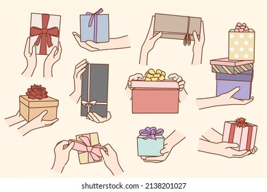 Collection of people hold boxes congratulate greet with birthday or special occasion. Set of person make surprise with gifts or presents. Congratulation concept. Flat vector illustration. 