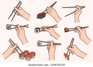 Collection of people hold chopsticks eating sushi. Set of persons enjoy traditional Japanese food. Japan cuisine culture and tradition. Flat vector illustration. 