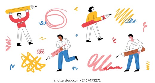 A collection of people holding a giant pencil and drawing various vector doodles with it. The concept of authorship, creativity, content creation.