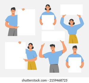 Collection of people holding and showing on a white blank board, poster, banner. Business presentation, sale offer or advertising concept. Flat vector illustration.