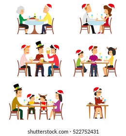 collection of people for the holiday with Christmas dinner. vector illustration.