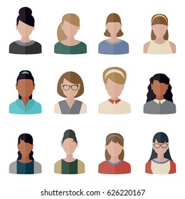 Collection people icons in flat style. Persons female different nationality.