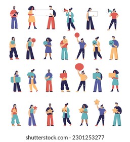 Collection of people illustrations. Man and women with speech bubbles, feedback stars, megaphones,. Communication and feedback concept design