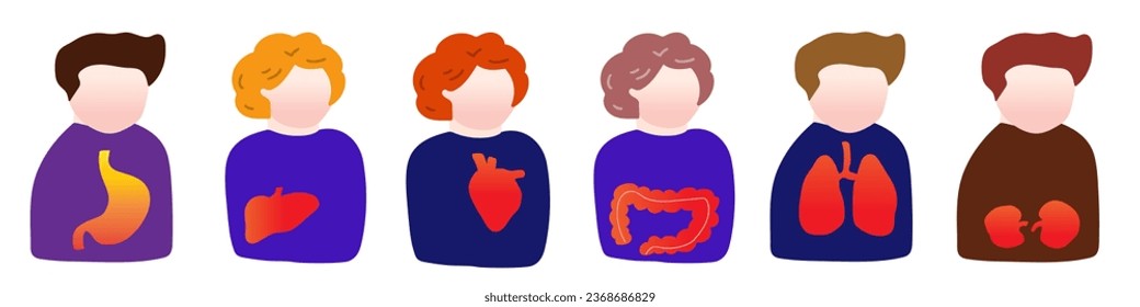 Collection of people with internal organs who feel pain in heart, liver, lungs, stomach, kidneys, intestines. Medical concept. Vector illustration on white background.