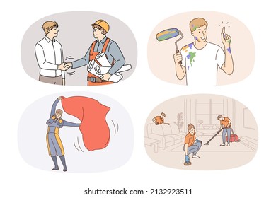 Collection of people jobs and careers. Set of persons having different occupations and professions. Employment. Architect, painter, toreador and housekeeper. Vector illustration. 