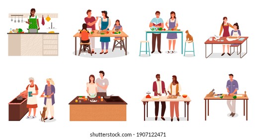 Collection of people in kitchen preparing food. Isolated set of couples cooking together. Mom teaching daughter to bake. Granny and granddaughter making soup, bachelor at home cutting veggies vector