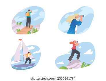 Collection of people looking future. Purposeful man and woman with binoculars found right solution. Metaphor for personal growth and development. Cartoon flat vector illustration on white background