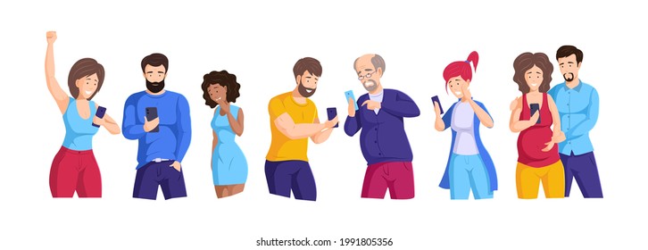 Collection of people looking to smartphones and talking with different emotions. Set man, woman, couple and families holding mobile phones. Person chatting, typing message with social network vector