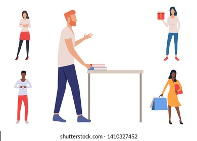 Collection of people making purchases. Flat cartoon characters preparing surprises and buying gifts. Can be used for brochure, shopping, advertisement