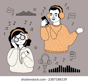 Collection of people, music and podcast. Cute girl and man in headphones with phone. Vector illustration. Podcast and hobby concept character. Isolated hand drawn doodle .