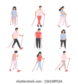 A collection of people nordic walking isolated on a light background. Colorful flat vector illustration.
