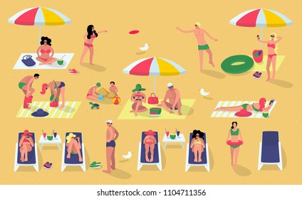 Collection of people on the beach. Men and women sunbathe, play, relax on the beach. Vector illustration in a flat style.
