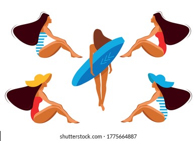 A collection of people on the beach. Women and men sunbathe, walk, carry a surfboard, swim in the sea. Cartoon characters isolated on white background. Vector illustration
